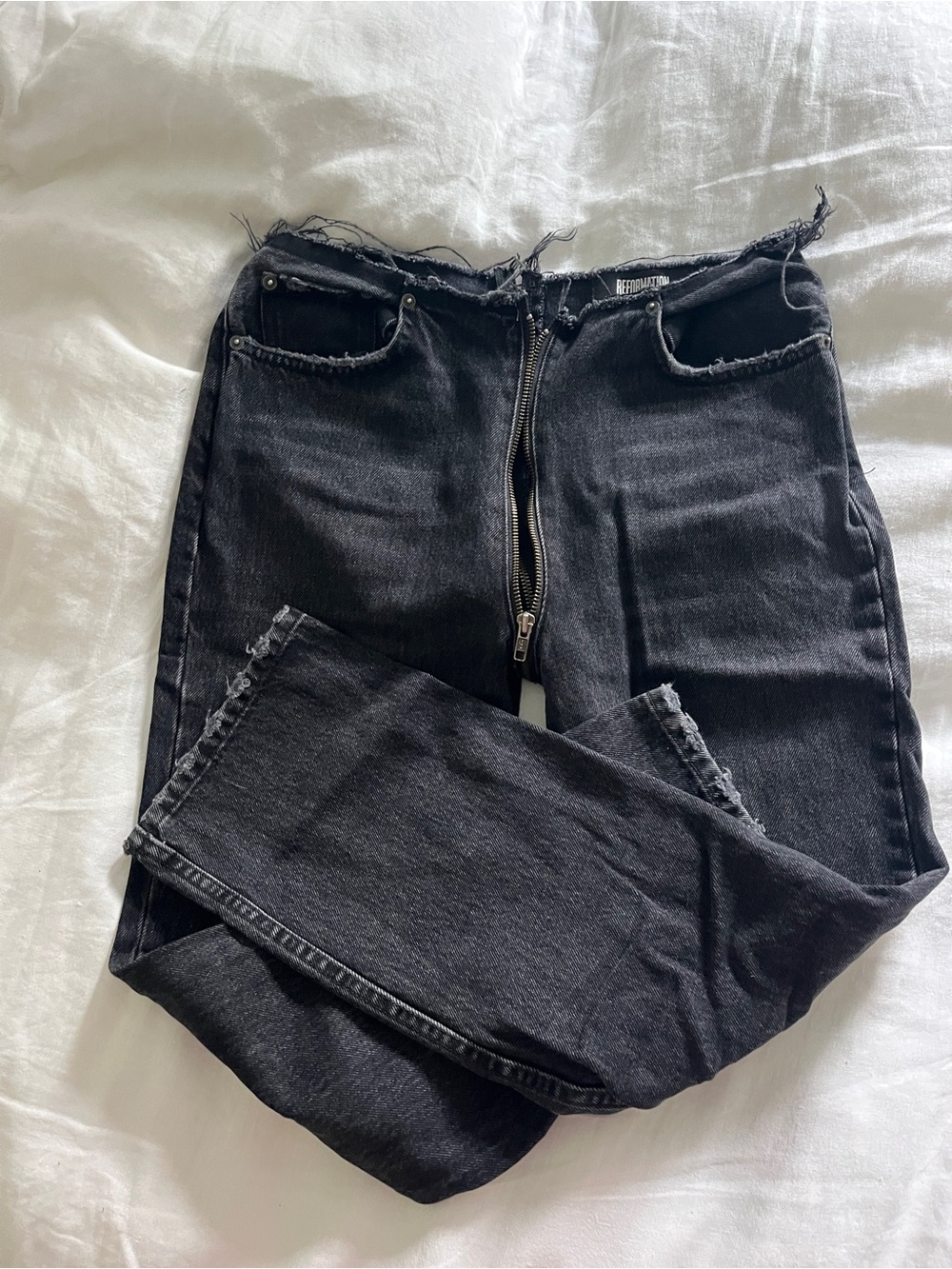 Reformation Black High-Rise Jeans with Frayed Waist and Hem